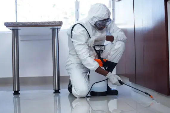Commercial Pest Control Exterminator Spraying under Cabinet